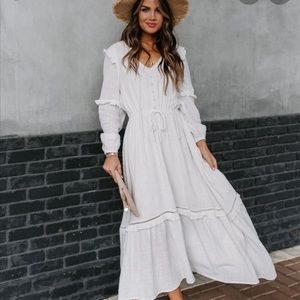 Vici when the sun comes boho ruffle long sleeve tie midi dress M cream ivory